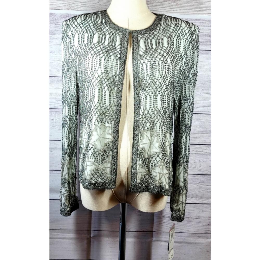 Adrianna Papell Evening Jacket 100% Silk Intricate Crystal Beaded Womens NWT